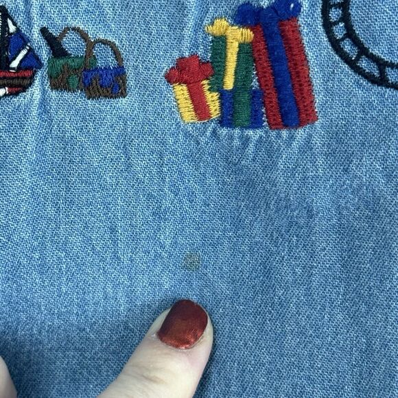 Karen Scott Shirt Womens Denim Christmas Embroidered Santa Button Up Plus Sz 1X - Picture 6 of 16